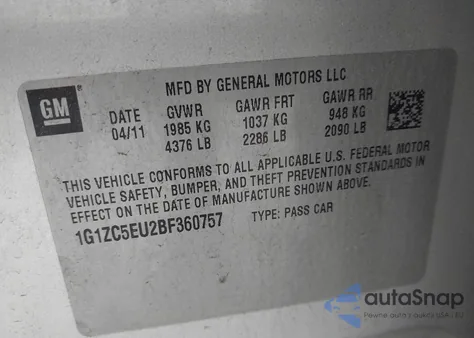 2011 Chevrolet Malibu 1Lt z USA, uszkodzony, nr VIN 1G1ZC5EU2BF360757